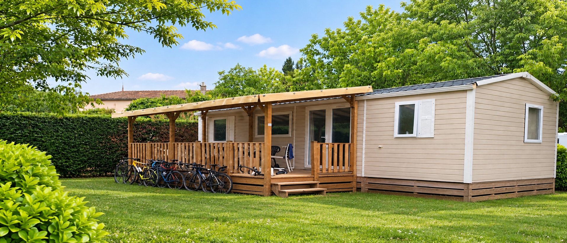 Un mobil-home beige équipé d'une terrasse couverte en bois, devant une haie, avec plusieurs vélos stationnés devant la terrasse.